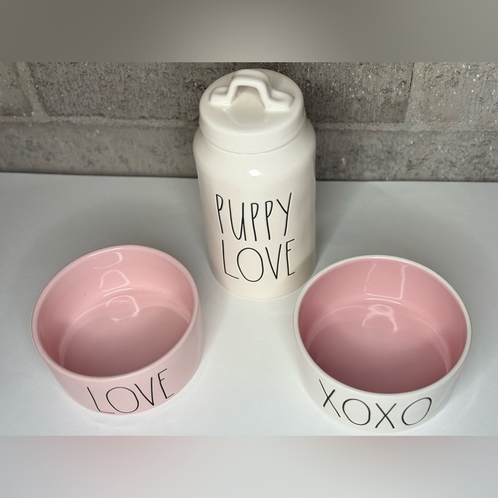 Rae Dunn Pet Set NWOT: PUPPY LOVE Canister + LOVE & XOXO Bowls - Picture 3 of 5